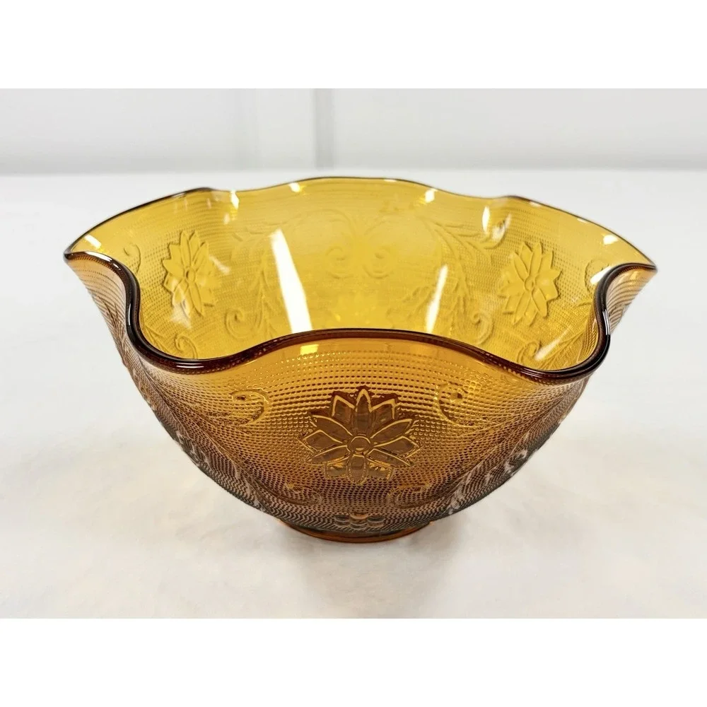 Vintage Tiara Indiana Glass Amber Sandwich Daisy Crimped Ruffled Bowl 10